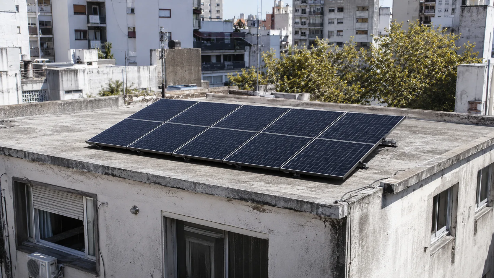Sistema solar en techo plano de edificio urbano